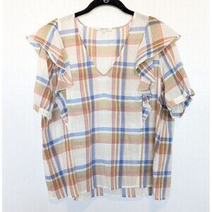 Madewell Shoulder Ruffle Top Womens Size XL Tan Plaid Cotton Lightweight Casual